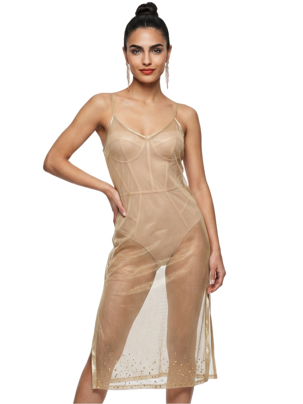 FOREVER 21 Sheer mesh shimmering Gold midi Slip Dress Sz LG Good used condition